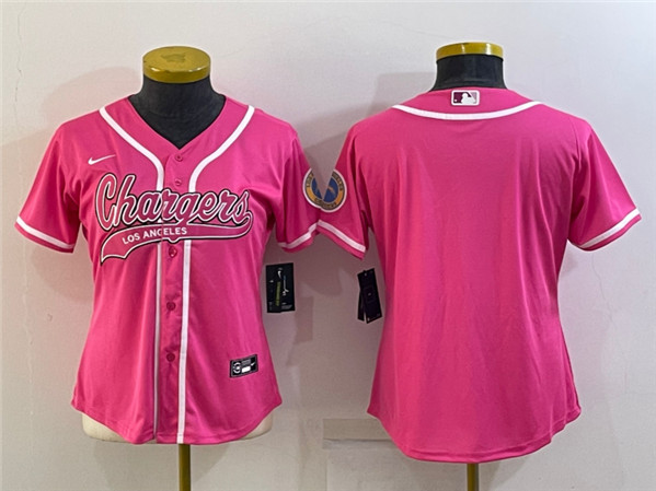Women's Los Angeles Chargers Blank Pink With Patch Cool Base Stitched Baseball Jersey(Run Small)